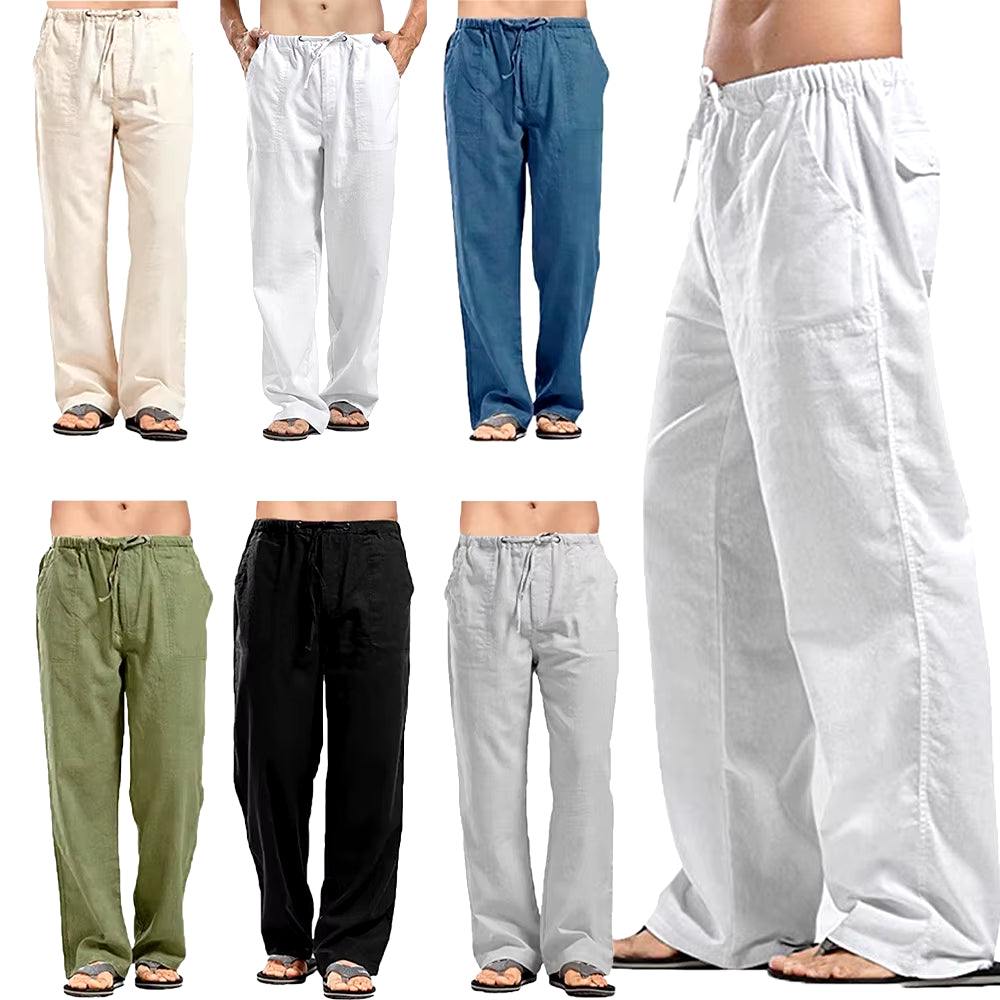 Men's Breathable Cotton Linen Summer Trousers with Elastic Waistband