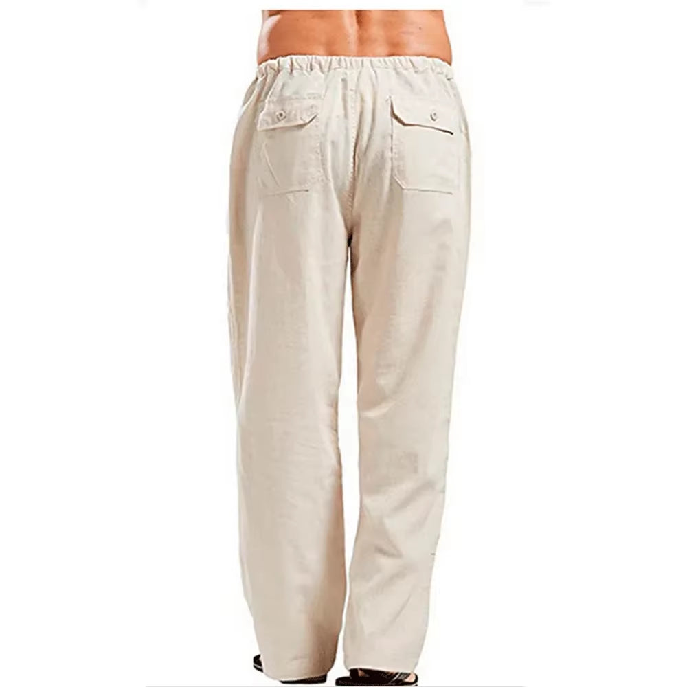 Men's Breathable Cotton Linen Summer Trousers with Elastic Waistband