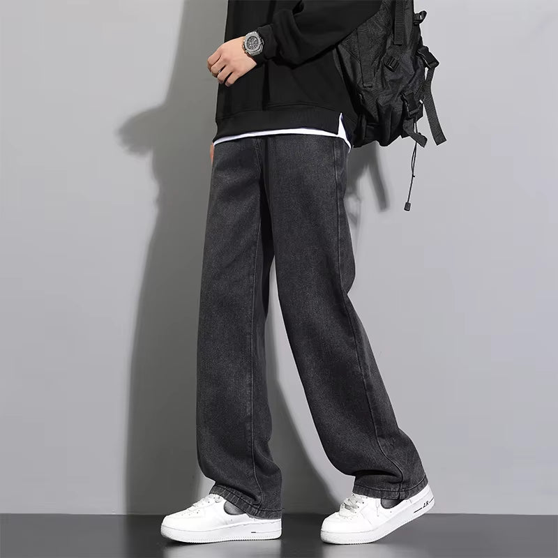 2025 New Korean Men'S Casual Long Jeans Classic Man Straight Denim Wide-Leg Pants Solid Color Light Blue Grey Black